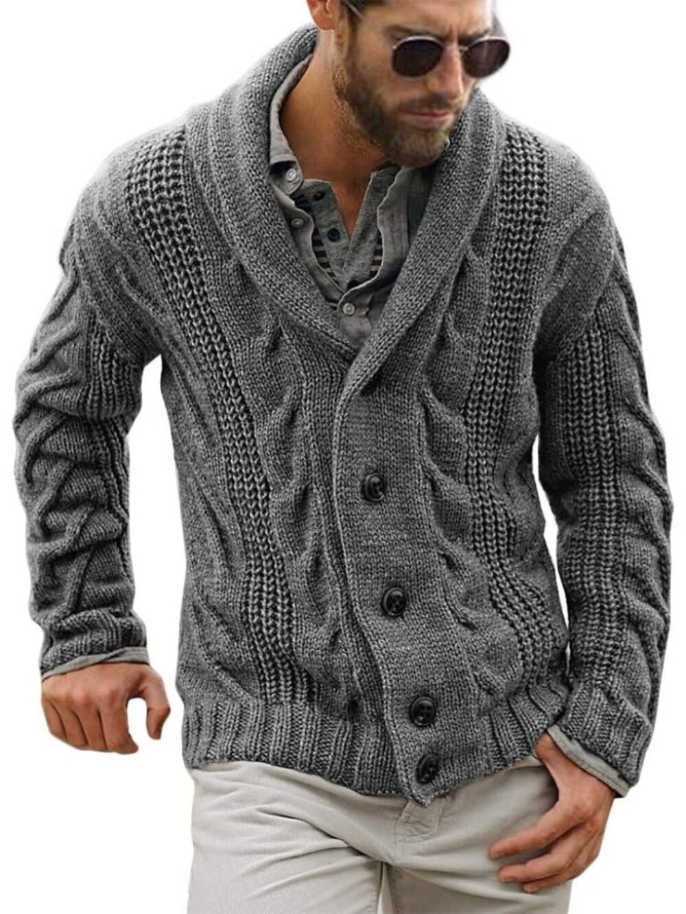 🆕Men's Dark Grey Chunky Cable Knit Cardigan Sweater Shawl Collar Button Down